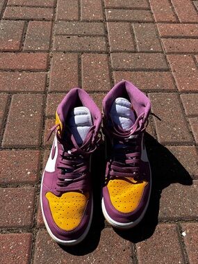 Jordan Purple and Gold High-Top Sneakers